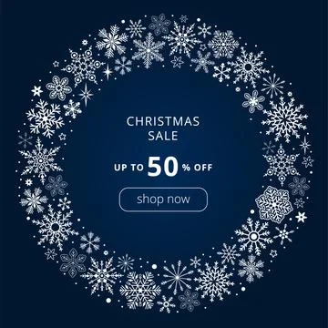 White snowflakes circle frame on dark blue background. Vector sale banner Stock Illustration