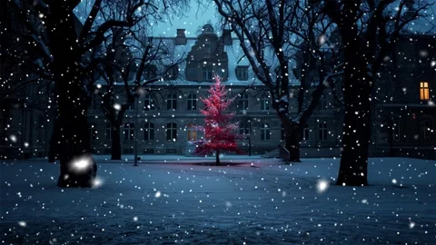 White snowflakes whirl and fall on the city streets. Christmas tree. Loop. Stock Footage 270842657