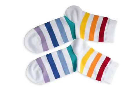 White socks in stripes of different colors on a white background, isolate Stock Photos