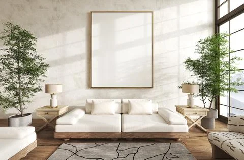 White sofa and large picture frame mockup in scandinavian minimalism living 스톡 일러스트
