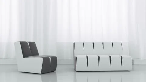 White sofa and plant in white room. 3D rendering Stock Illustration