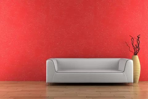White sofa and vase with dry wood in front of red wall Stock Illustration