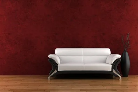 White sofa and vase with dry wood in front of red wall Stock Illustration