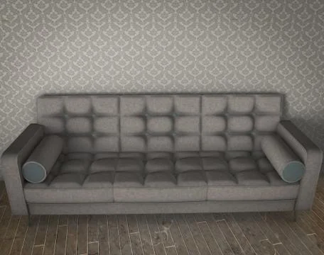 White sofa with blue pattern 3d illustration on parquet floor Stock Illustration