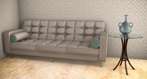 White sofa with blue pattern 3d illustration on parquet floor Illustrazione stock