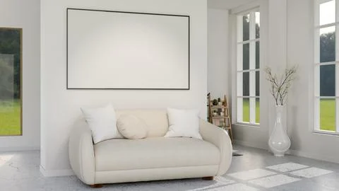 White sofa on carpet under a blank board or photo frame on living room wall.. Stock Illustration