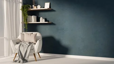 White sofa chair with grey cushion and blanket aside window curtain and han.. Ilustración de archivo