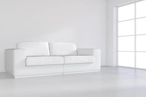 White Sofa in empty room with large window. 3d rendering Illustrazione stock
