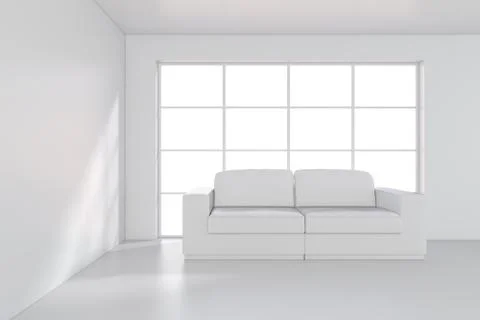 White Sofa in empty room with large window. 3d rendering Illustrazione stock