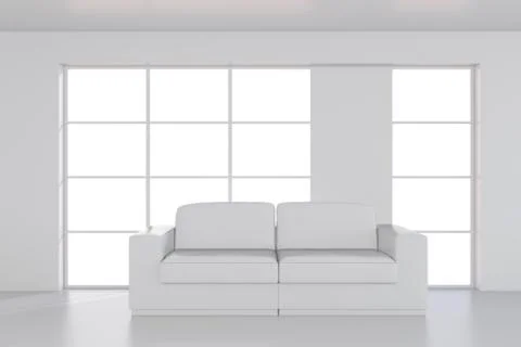 White Sofa in empty room with large window. 3d rendering Stock Illustration