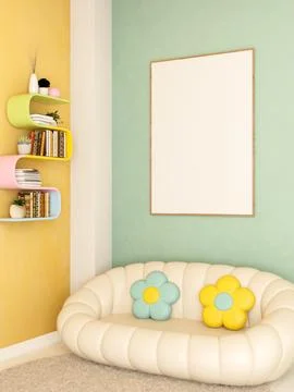 White sofa with flower cushions on carpet floor aside green and yellow wall.. Stock Illustration
