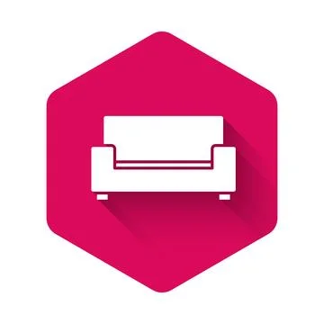 White Sofa icon isolated with long shadow. Pink hexagon button. Vector Illustrazione stock