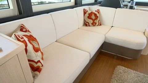 White sofa on the main deck of a yacht. Stock Footage 82255191