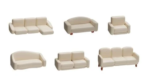 White sofa various forms 3d plastic style vector icons set, leather couch Illustration
