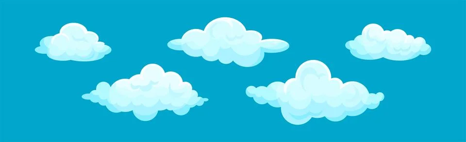White Soft Fluffy Clouds on Blue Background Vector Set Stock Illustration