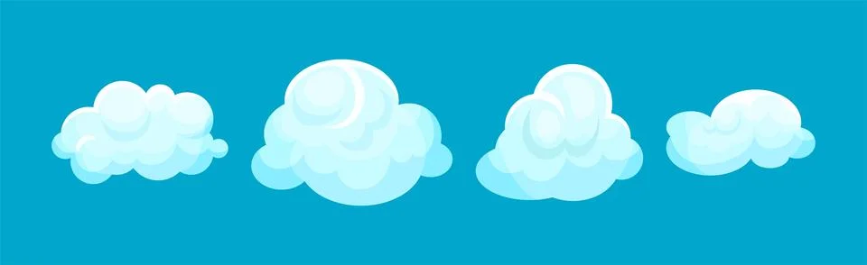 White Soft Fluffy Clouds on Blue Background Vector Set Stock Illustration
