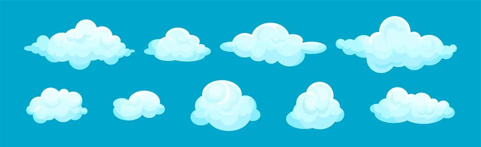 White Soft Fluffy Clouds on Blue Background Vector Set Stock Illustration