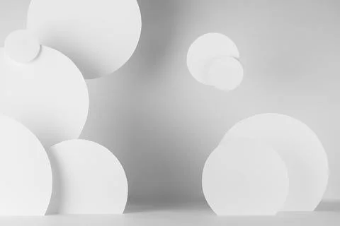 White soft light abstract stage with pattern of circles fly as decor in urban Stock Photos