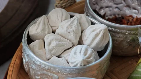 White soft-prepared chalk. Thai, Songkran Festival. Stock Footage 307592841