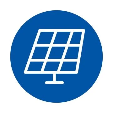 White Solar Panel Icon on Blue Circle Background for Renewable Energy Concept Stock Illustration