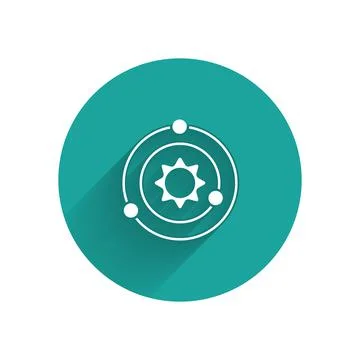 White Solar system icon isolated with long shadow. The planets revolve around Stock Illustration