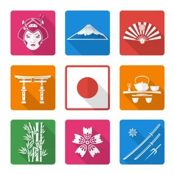 White solid flat style japan icons set. Stock-Illustration