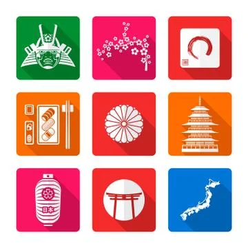 White solid flat style japanese icons set. Stock-Illustration
