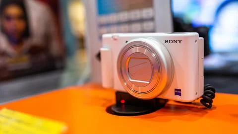 A white Sony compact camera in a store window. Minsk, Belarus - February 3, 2022 Stock Photos