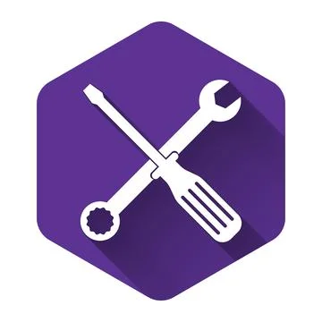 White Spanner and screwdriver tools icon isolated with long shadow. Service tool Stock Illustration