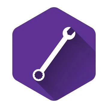 White Spanner icon isolated with long shadow. Purple hexagon button. Vector Illustrazione stock
