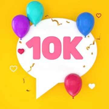 A white speech bubble with 10k is depicted on a yellow background, represen.. Stock Illustration