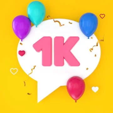 A white speech bubble with 1k is depicted on a yellow background, represent.. Stock Illustration