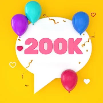 A white speech bubble with 200k is depicted on a yellow background, represe.. Stock Illustration
