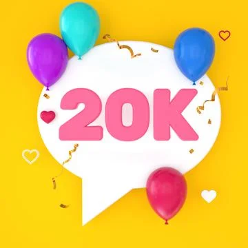 A white speech bubble with 20k is depicted on a yellow background, representi Stock Illustration