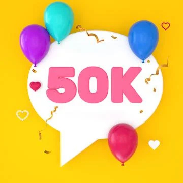 A white speech bubble with 50k is depicted on a yellow background, representi Stock Illustration