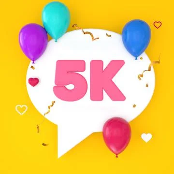 A white speech bubble with 5k is depicted on a yellow background, representin Stock Illustration