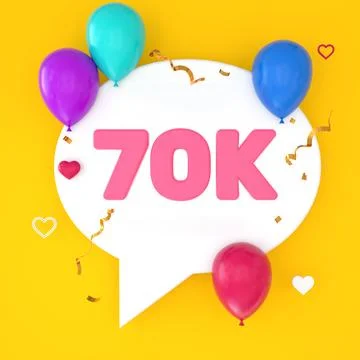 A white speech bubble with 70k is depicted on a yellow background, representi Stock Illustration