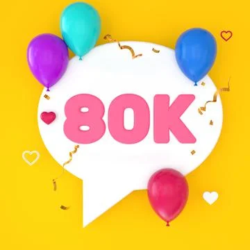 A white speech bubble with 80k is depicted on a yellow background, representi Stock Illustration