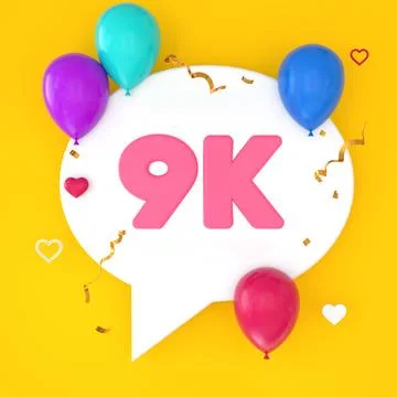 A white speech bubble with 9k is depicted on a yellow background, representin Stock Illustration