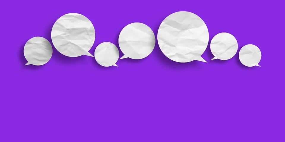 White speech bubble crumpled paper isolated on purple background Stock Illustration