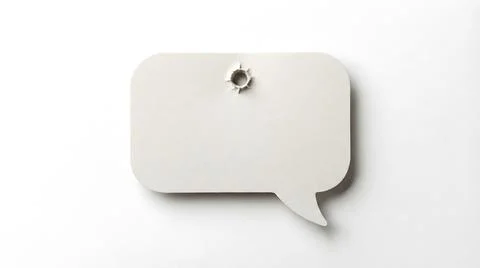 White speech bubble icon with a bullet hole on a clean white background Stock Photos