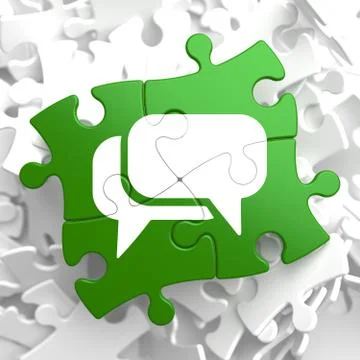 White Speech Bubble Icon on Green Puzzle. Stock Illustration