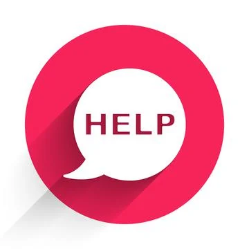 White Speech bubble with text Help icon isolated with long shadow. Red circle Stock Illustration