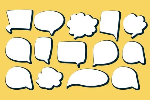 White Speech bubbles with black shadow in cartoon doodle style on yellow Stock Illustration