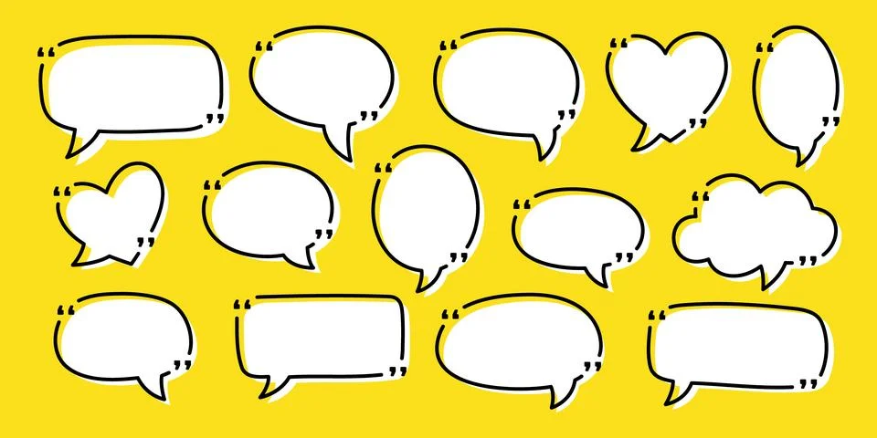 White speech bubbles with quotes. Doodle talk balloons for communication, chat Stock Illustration