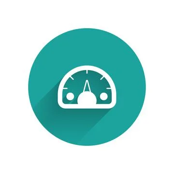 White Speedometer icon isolated with long shadow. Green circle button. Vector Stock Illustration