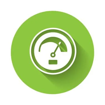 White Speedometer icon isolated with long shadow. Green circle button. Vector Stock Illustration