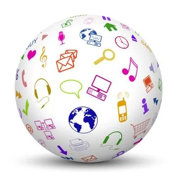 White Sphere with Mapped Multimedia Icon Symbols Illustrazione stock