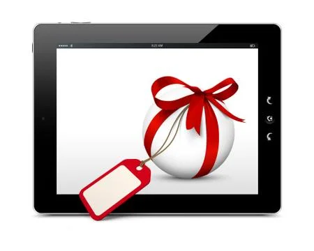 White Sphere with Red Bow, Blank Gift Coupon and eBook Reader Stock Illustration