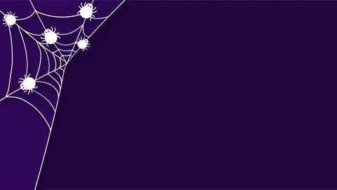 White spider web and small spiders on dark purple background halloween back.. 库存插图
